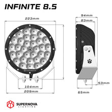 Load image into Gallery viewer, dimensions graph showing the sizing of supernova infinite 8.5 led driving lights
